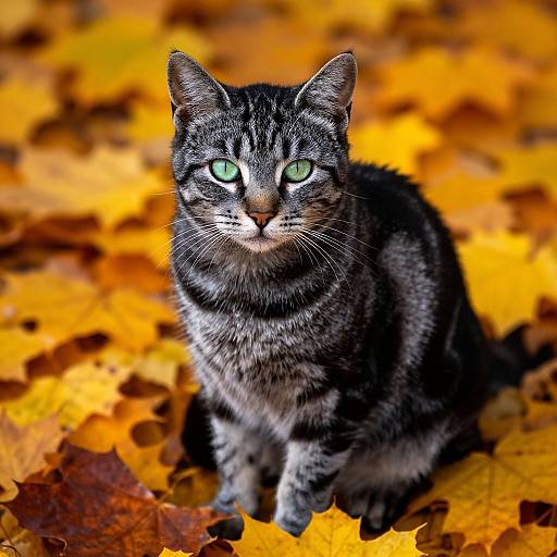 Striped Cat with Green Eyes in Autumn