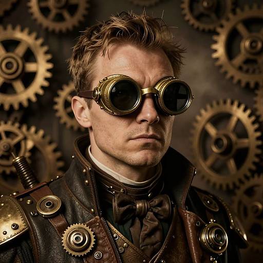 Steampunk portrait of a serious man with copper goggles, brown leather jacket, and gears in the background. Brown hair, brown bowtie. Phot