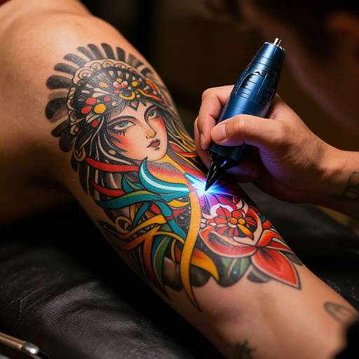 Photograph of a tattoo artist inking a colorful, intricate arm tattoo of a goddess with vibrant red, yellow, blue, and green patterns on a
