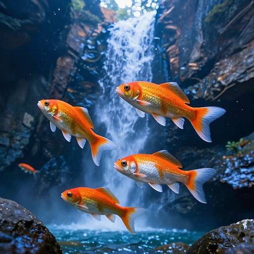 Photograph of four vibrant orange goldfish swimming near a cascading waterfall in a rocky, blue-lit aquarium setting.