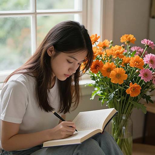 Photograph of an Asian woman with long black hair, wearing a white t-shirt, writing in a book, surrounded by vibrant orange and pink flowers,