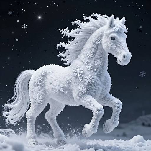 Digital artwork of a white horse covered in intricate snowflakes, galloping in a snowy night landscape with a starry sky.