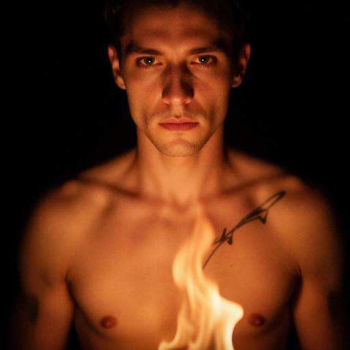 Photograph of a shirtless, muscular man with a serious expression, illuminated by a flame on his chest, against a dark background.