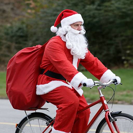 Photograph of a bearded Santa Claus in a red suit with white trim, riding a red bicycle and carrying a large red sack, against a blurred