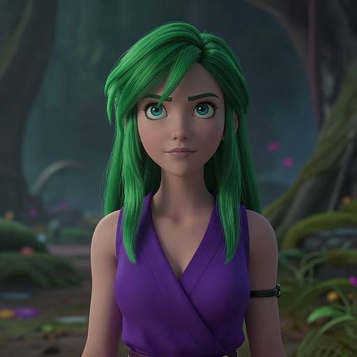 CGI image of a green-haired, wide-eyed young woman with large blue eyes, wearing a purple sleeveless top, in a mystical forest.