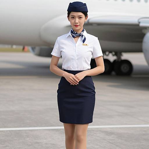 Photograph of an Asian female flight attendant standing on an airport tarmac, wearing a white shirt, navy skirt, and cap, with a scarf,