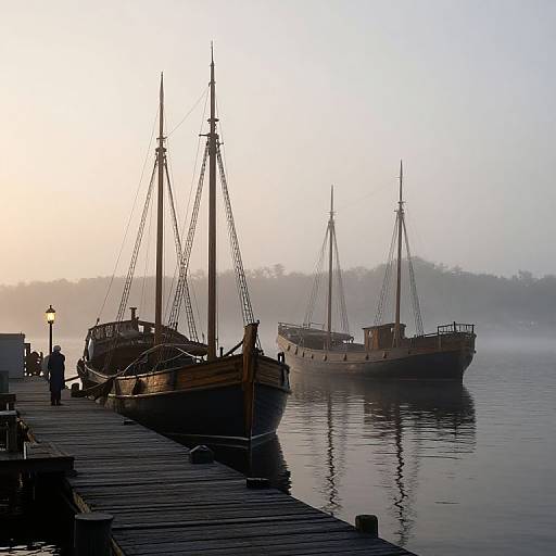 Photograph of two vintage wooden sailing ships moored at a misty, tranquil dock during sunrise, with a lamp post on the left.
