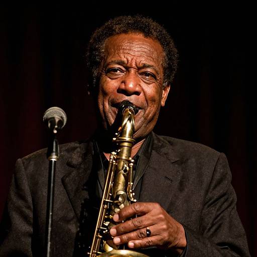 Photograph of an African-American man with short curly hair, smiling while playing a golden clarinet into a microphone on a dark stage.