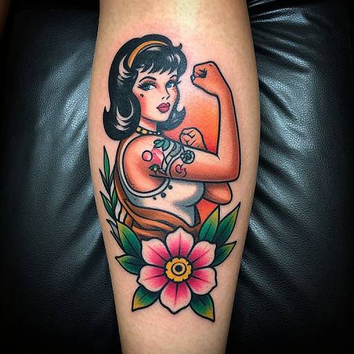 Colorful Pin-Up Girl Calf Tattoo