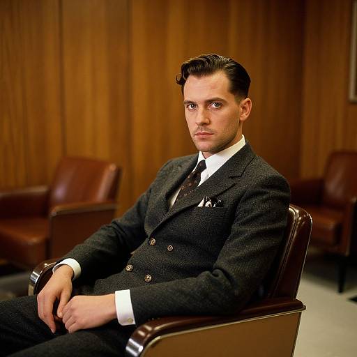 Photograph of a serious, fair-skinned man with dark hair, wearing a black tweed suit, white shirt, and polka dot tie,