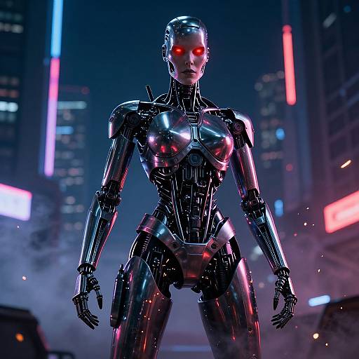 CGI image of a sleek, black, robotic woman with glowing red eyes, standing in a neon-lit, futuristic cityscape at night.