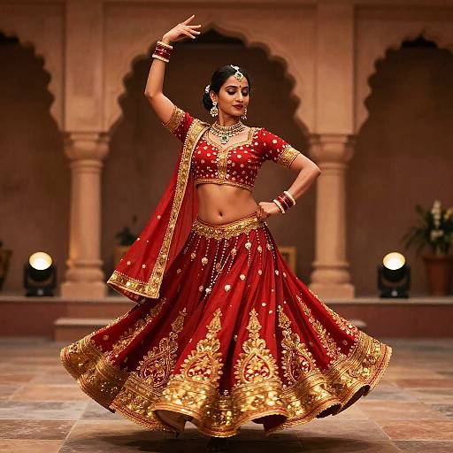 Kalbeliya Woman Dancing in Red Gold
