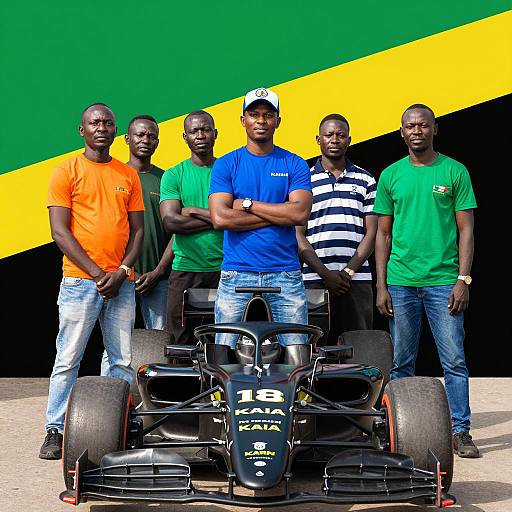 Group of men with race car and flag background