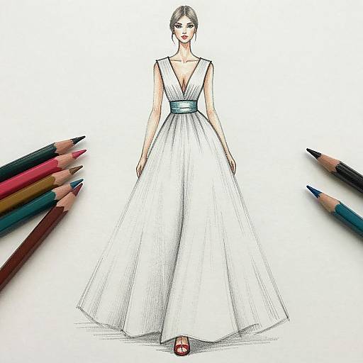 Digital drawing of a woman in a white, sleeveless, deep V-neck gown with a teal waistband, surrounded by colored pencils.