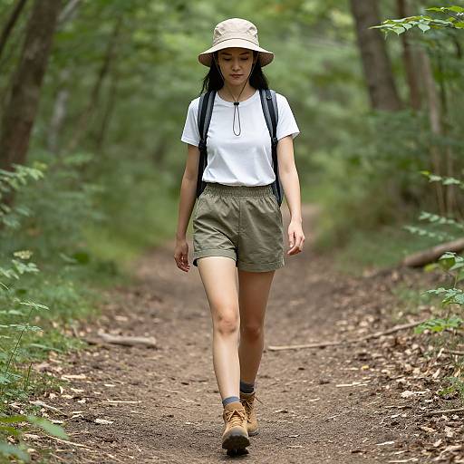 Photograph of an Asian woman with long black hair, wearing a white t-shirt, olive-green shorts, tan boots, and a beige hat, walking
