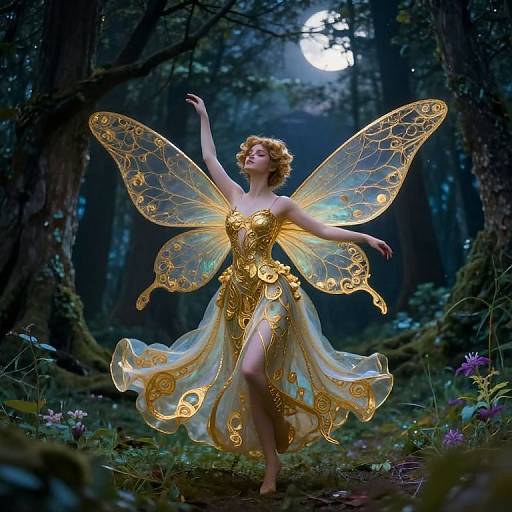 Photorealistic CGI of a fairy with golden wings and dress, dancing in a moonlit forest, surrounded by glowing flowers.
