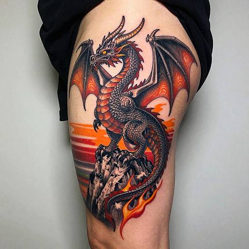 Photograph of a detailed black and red tattoo of a fierce dragon with orange wings and fiery accents on a person's thigh.