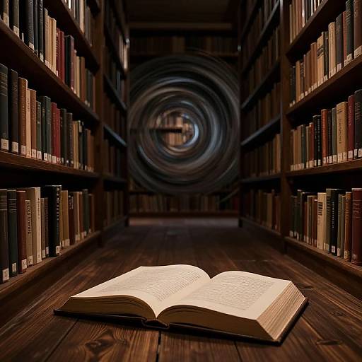 Photograph of an open book on a wooden floor in a dim, narrow library aisle with tall bookshelves on both sides, featuring a circular mirror
