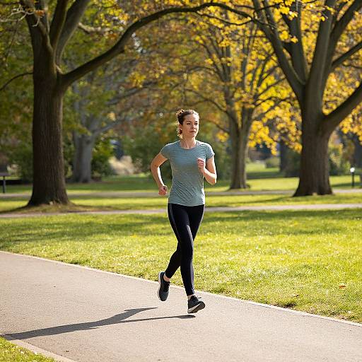 Photograph of a woman jogging on a sunny park path, wearing a light blue shirt, black pants, and black sneakers, with trees and green grass