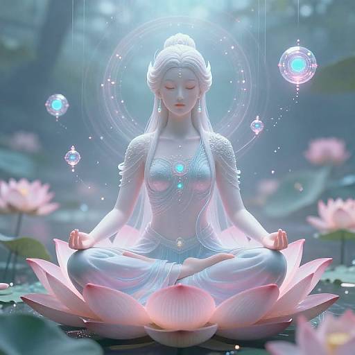 Digital artwork of a serene, white-skinned, ethereal woman meditating on a pink lotus, surrounded by glowing bubbles and floating lotuses in