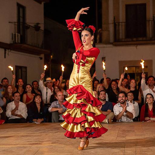 Photograph of a flamenco dancer in a gold and red ruffled dress, holding a lit torch, performing on a tiled stage in front of a