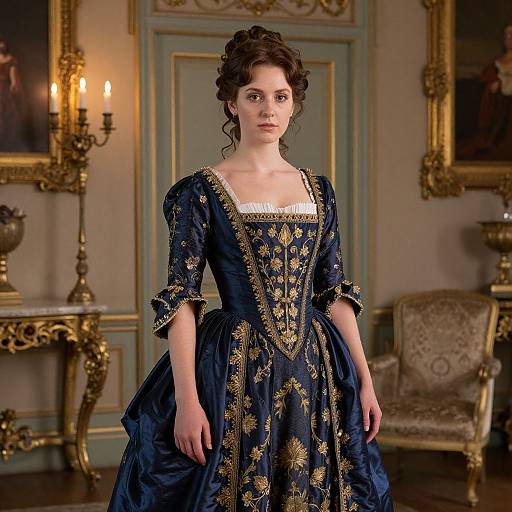 Photograph of a young woman with curly brown hair in an ornate, dark blue, gold-embroidered Renaissance-style dress, standing in an