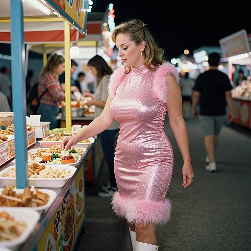 Photograph of a curvy woman with brown hair in a pink, sequined, furry-trimmed dress, white knee-high boots, buying food