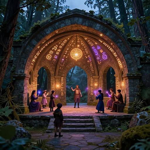 Photograph-style digital art of a mystical forest archway illuminated with glowing runes, surrounded by cloaked wizards and a young child holding a candle, under