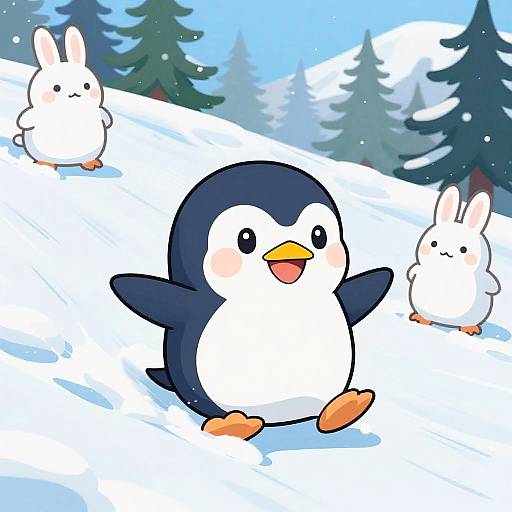 Cute Anime Penguin Sliding in Snow