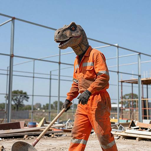 Photograph of a person wearing a dinosaur mask and an orange work jumpsuit, holding a shovel, in a construction site with metal frames and scattered materials