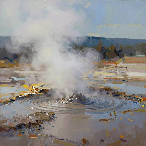 Impressionist-style painting of a hot spring with white steam rising, ripples in the water, and a colorful, abstract landscape background.