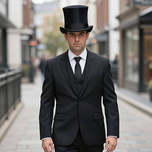 Photograph of a young white man in a black suit, white shirt, black tie, and tall black top hat, standing on a blurred urban street