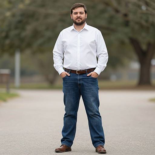 Photograph of a bearded man with short dark hair, wearing a white shirt, blue jeans, brown belt, and brown shoes, standing confidently with