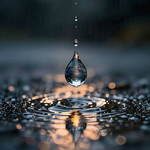 Photograph of a single water droplet, perfectly balanced on the surface of a rippling water pool, under dim, bokeh-lit rain.