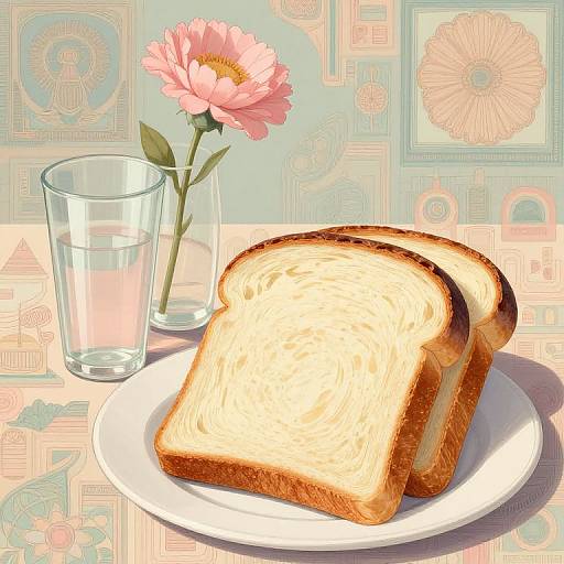 Photograph of two slices of golden-brown toasted bread on a white plate, with a pink flower in a glass vase and a clear glass beside it