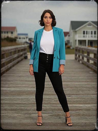 Photograph of a confident woman with medium skin tone, shoulder-length brown hair, wearing a turquoise blazer, white shirt, black pants, and sandals