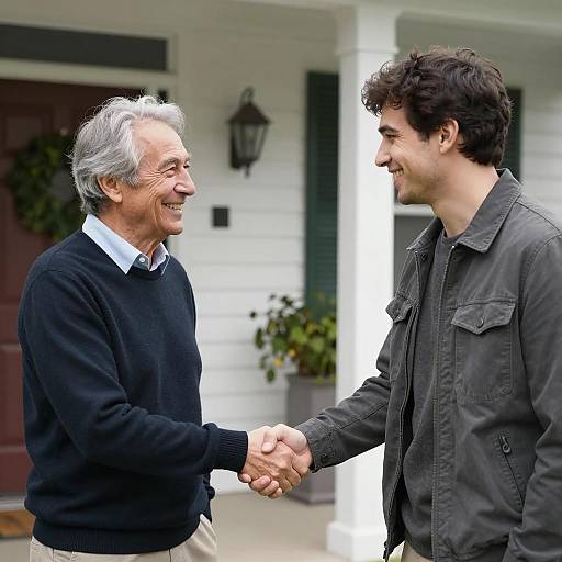Two Men Shaking Hands Outside House