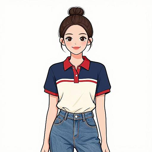 Digital anime-style drawing of a smiling young woman with fair skin, dark hair in a bun, wearing a navy and white polo shirt with red trim and