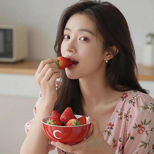 Asian Woman Eating Strawberries Indoors