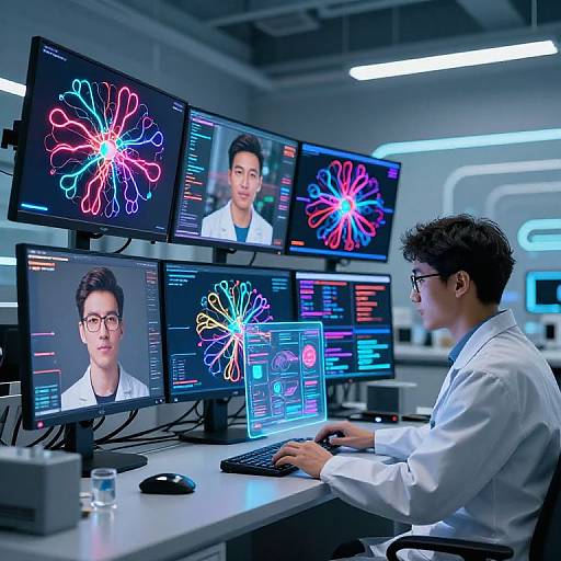 Photograph of an Asian male scientist with curly hair, wearing glasses and a white lab coat, working on multiple computer monitors displaying colorful, neon-like data