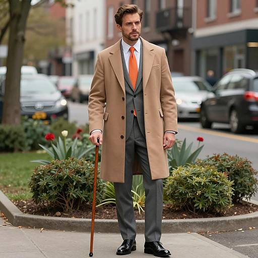 Stylish man in tan overcoat with cane on city street