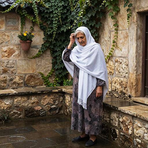 Serene Elderly Woman by Rainy Terrace