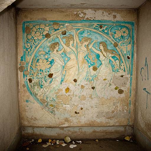 Photograph of a weathered, turquoise and beige mural depicting three dancing women with floral patterns, set in a dilapidated, graffiti-marked room