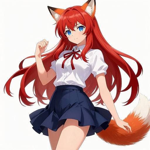 Anime-style digital drawing of a red-haired, blue-eyed fox girl with orange fox ears and tail, wearing a white shirt and navy blue skirt, against