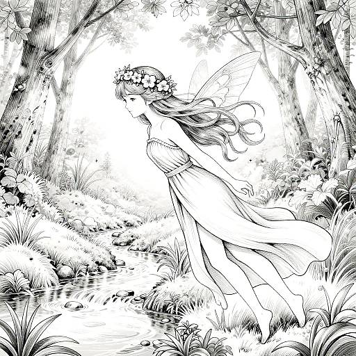 Delicate Sylvan Nymph Line Art