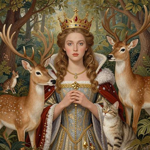 Digital painting of a fair-skinned princess with long brown hair, wearing a gold crown, red velvet cape, and ornate blue dress, surrounded by