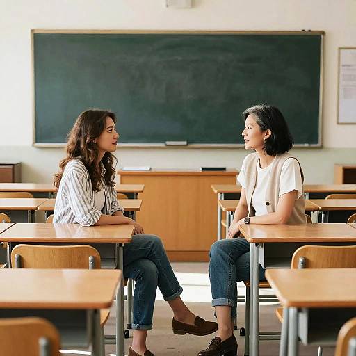 Sunlit Classroom Conversation Between Women