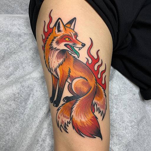 Colorful Fox Tattoo with Flames on Upper Thigh