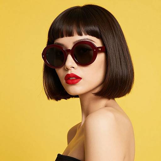 Photograph of a pale-skinned woman with a black bob haircut, wearing large round dark sunglasses and bright red lipstick, against a solid yellow background.