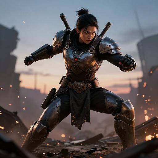 Digital art of a fierce female warrior in black, metallic armor, crouching in a ruined cityscape at sunset, with sparks flying.